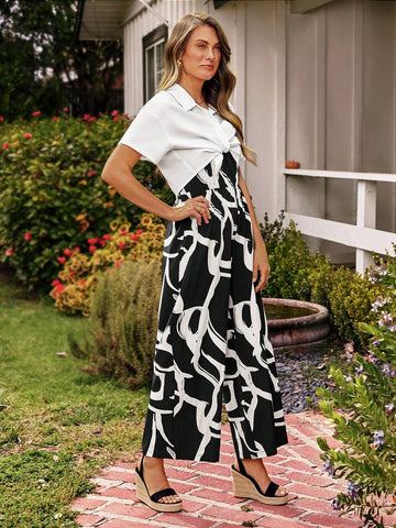 Printed Elastic Waist Black Jumpsuit Romper With Wide Leg And White Shirt Two Pieces Set