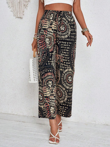 LUNE Printed Elastic Waist Casual Straight-Legged Pants