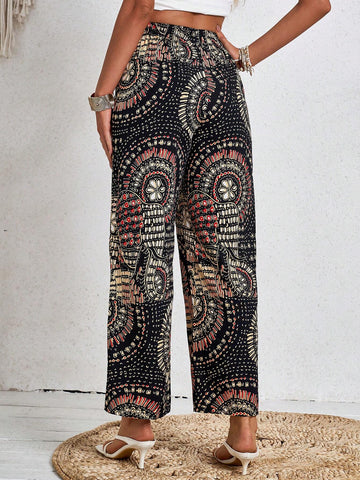 LUNE Printed Elastic Waist Casual Straight-Legged Pants