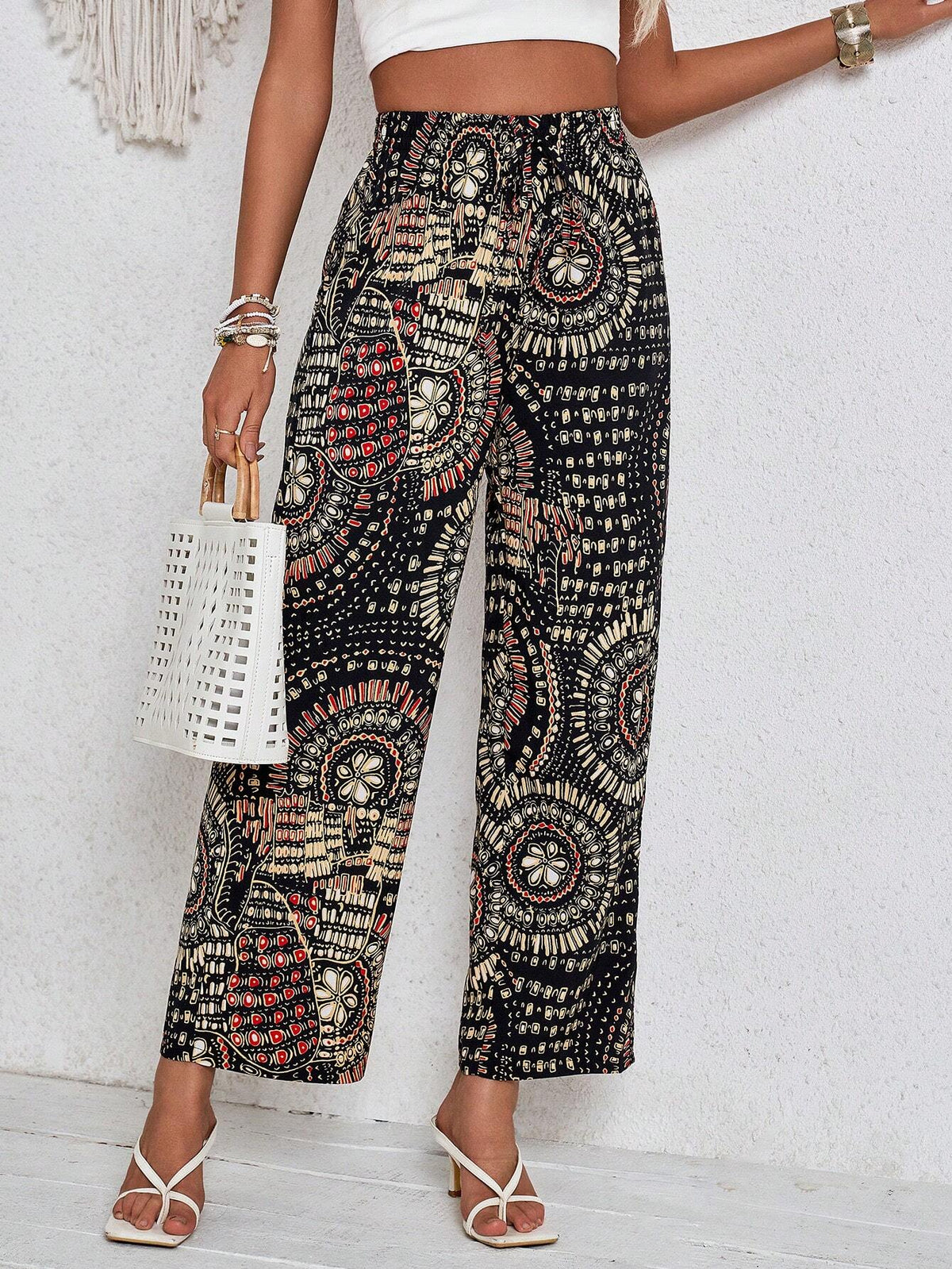 LUNE Printed Elastic Waist Casual Straight-Legged Pants