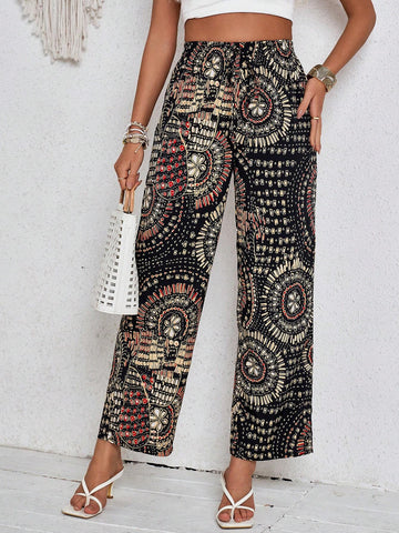 LUNE Printed Elastic Waist Casual Straight-Legged Pants