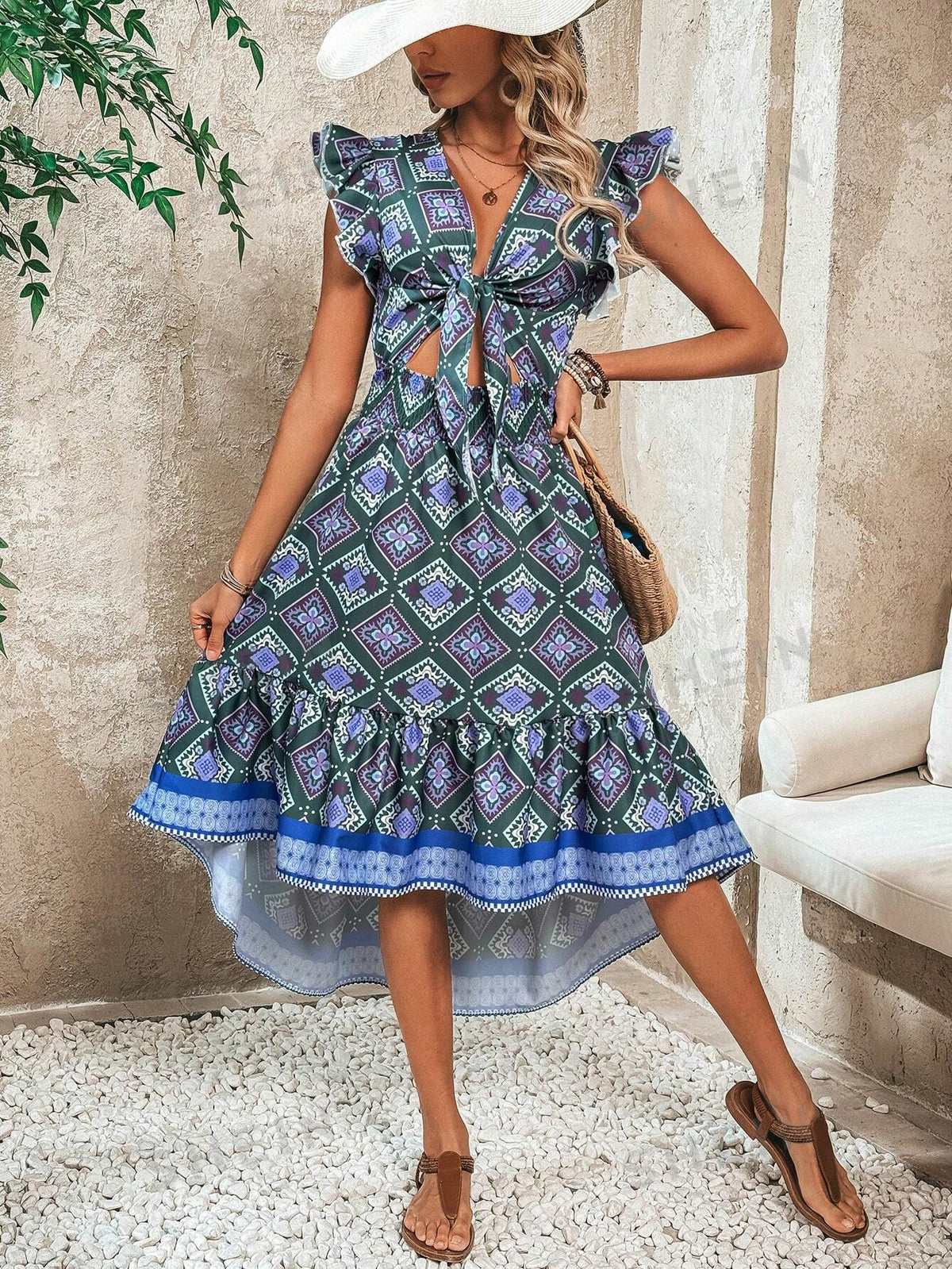Printed Hollow Out Decorated Asymmetrical Hem Dress With Knot Detail And Ruffled Hem