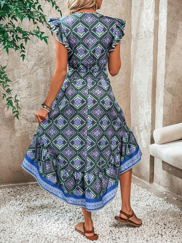 Printed Hollow Out Decorated Asymmetrical Hem Dress With Knot Detail And Ruffled Hem
