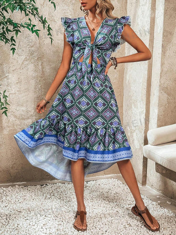 Printed Hollow Out Decorated Asymmetrical Hem Dress With Knot Detail And Ruffled Hem