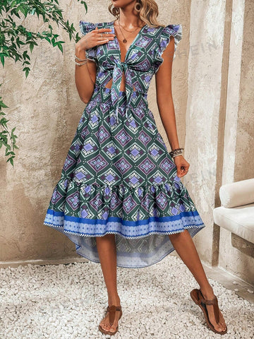 Printed Hollow Out Decorated Asymmetrical Hem Dress With Knot Detail And Ruffled Hem