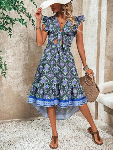 Printed Hollow Out Decorated Asymmetrical Hem Dress With Knot Detail And Ruffled Hem