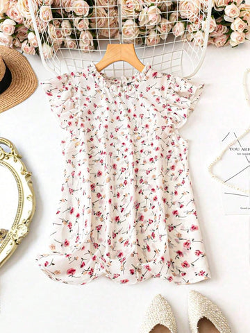 LUNE Printed Random Pleated Cap Sleeve Summer Blouse