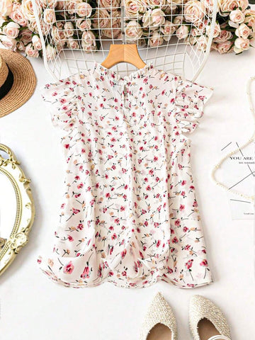 LUNE Printed Random Pleated Cap Sleeve Summer Blouse