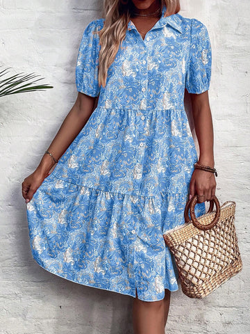 Puff Sleeve Allover Print Vacation Leisure Dress