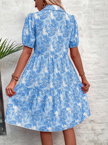 Puff Sleeve Allover Print Vacation Leisure Dress