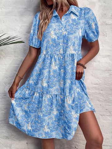 Puff Sleeve Allover Print Vacation Leisure Dress