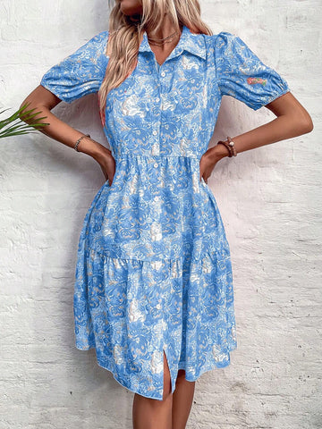 Puff Sleeve Allover Print Vacation Leisure Dress