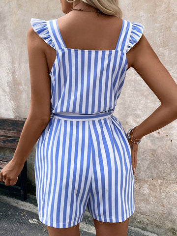 Random Asymmetric Striped Print Jumpsuit With V Neck, Waist Belt And Pockets, Summer Casual Women's Outfit