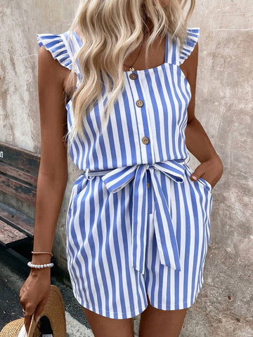 Random Asymmetric Striped Print Jumpsuit With V Neck, Waist Belt And Pockets, Summer Casual Women's Outfit