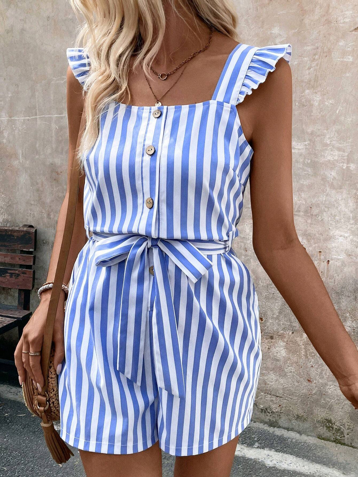 Random Asymmetric Striped Print Jumpsuit With V Neck, Waist Belt And Pockets, Summer Casual Women's Outfit