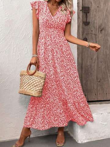 Random Cut Floral V-Neck Flying Sleeve Summer Holiday Style Dress