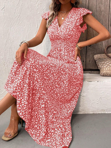 Random Cut Floral V-Neck Flying Sleeve Summer Holiday Style Dress