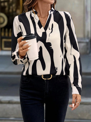 LUNE Random Floral Print Notch Collar Casual Blouse, Spring-Autumn