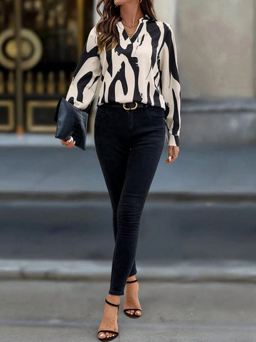 LUNE Random Floral Print Notch Collar Casual Blouse, Spring-Autumn