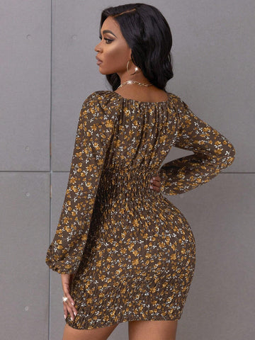 Random Print Long Sleeve Casual Dress