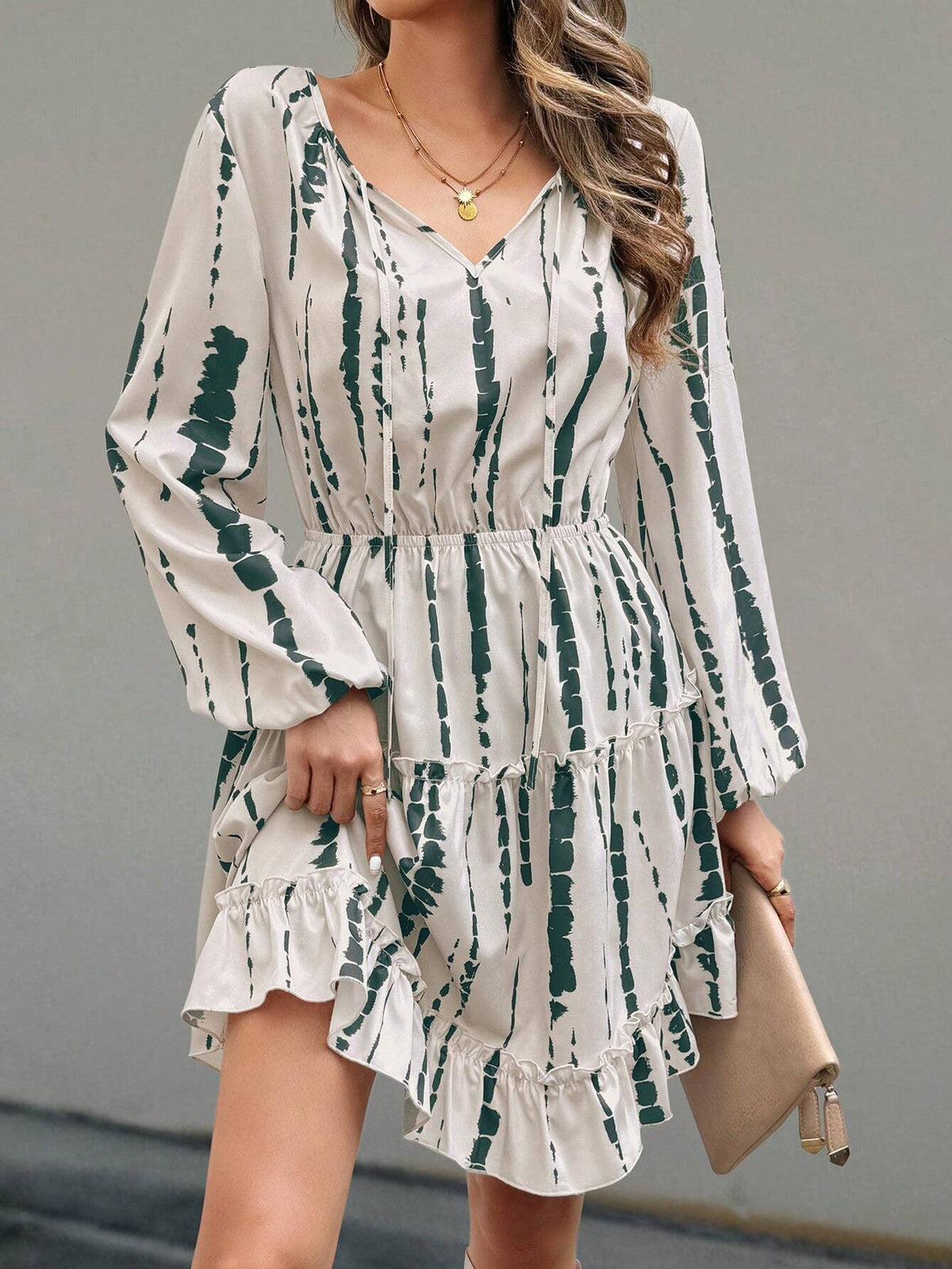 Random Print Long Sleeve Dress For Women