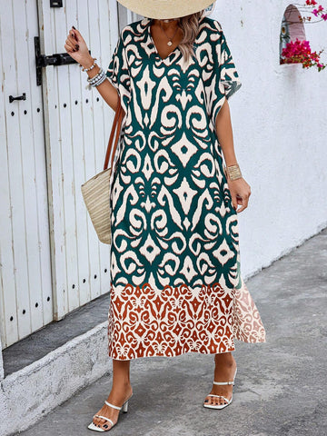 Random Printed V-Neck Batwing Sleeve Holiday Casual Dress