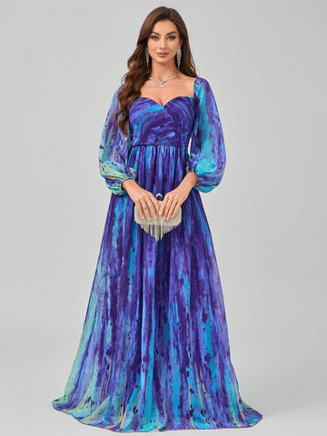 Randomly Cut Flower Pattern V-Neck Digital Watercolor Printing Elegant And Gorgeous Chiffon Maxi Dress With Pressed Pleats And Lantern Sleeves