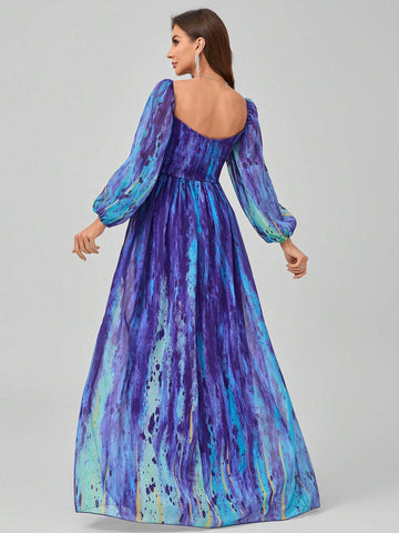 Randomly Cut Flower Pattern V-Neck Digital Watercolor Printing Elegant And Gorgeous Chiffon Maxi Dress With Pressed Pleats And Lantern Sleeves