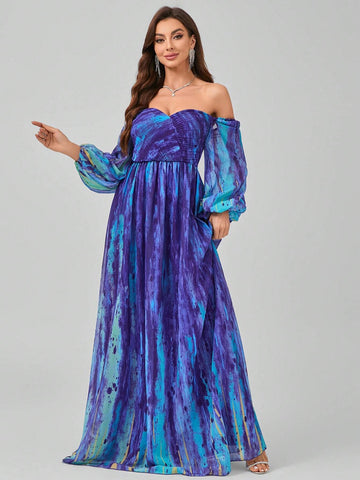 Randomly Cut Flower Pattern V-Neck Digital Watercolor Printing Elegant And Gorgeous Chiffon Maxi Dress With Pressed Pleats And Lantern Sleeves