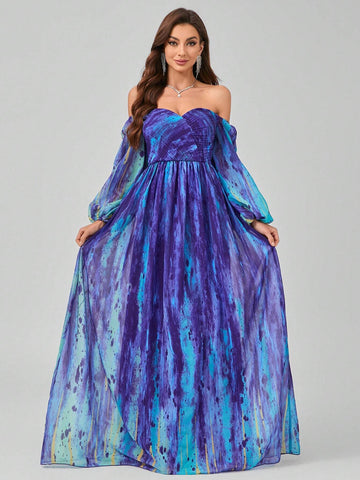 Randomly Cut Flower Pattern V-Neck Digital Watercolor Printing Elegant And Gorgeous Chiffon Maxi Dress With Pressed Pleats And Lantern Sleeves