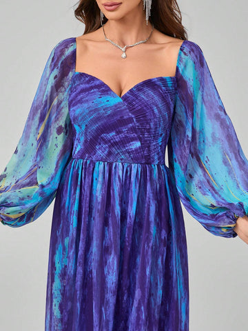 Randomly Cut Flower Pattern V-Neck Digital Watercolor Printing Elegant And Gorgeous Chiffon Maxi Dress With Pressed Pleats And Lantern Sleeves