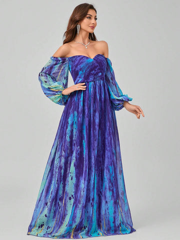 Randomly Cut Flower Pattern V-Neck Digital Watercolor Printing Elegant And Gorgeous Chiffon Maxi Dress With Pressed Pleats And Lantern Sleeves
