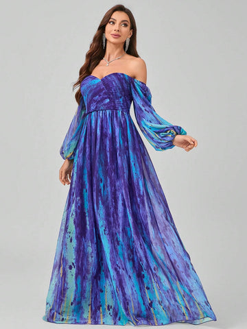 Randomly Cut Flower Pattern V-Neck Digital Watercolor Printing Elegant And Gorgeous Chiffon Maxi Dress With Pressed Pleats And Lantern Sleeves