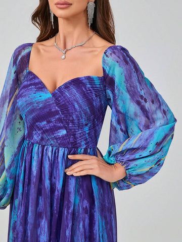 Randomly Cut Flower Pattern V-Neck Digital Watercolor Printing Elegant And Gorgeous Chiffon Maxi Dress With Pressed Pleats And Lantern Sleeves