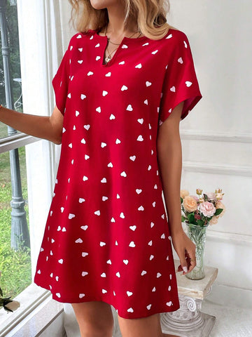 Red Background White Heart Romantic Date Short Dress For Women, Spring