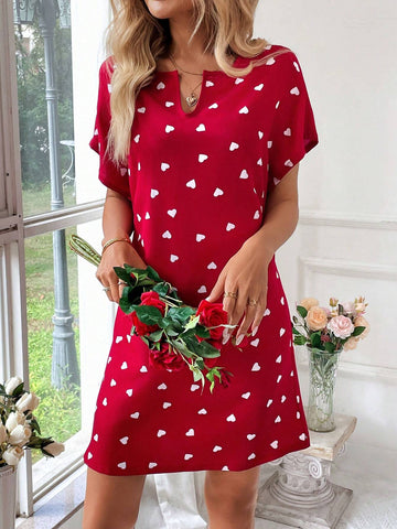 Red Background White Heart Romantic Date Short Dress For Women, Spring