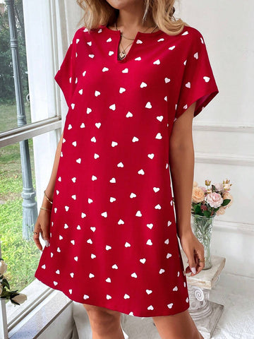 Red Background White Heart Romantic Date Short Dress For Women, Spring