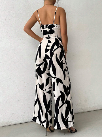 Resort Leisure Plant Printed Draped Neck Spaghetti Strap Wide-Leg Jumpsuit