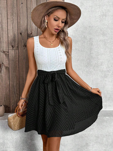 Resort Style Colorblock Waist Fit & Flare Mini Dress