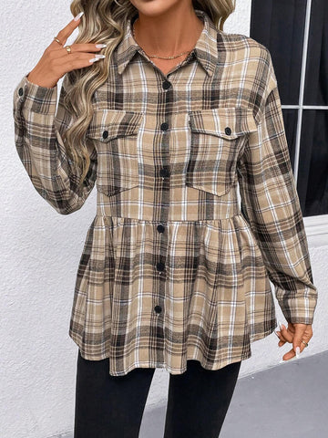 LUNE Retro Plaid Casual Shirt For Women, Featuring Turndown Collar, Button-Down Closure, Ruched Details, Flounce Hem, Elegant For Commuting And Outings In Autumn/Winter