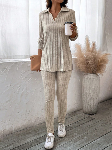Ribbed Knit Long Sleeve T-shirt And Leggings Set