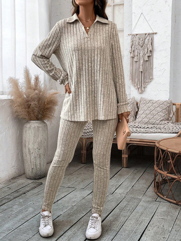 Ribbed Knit Long Sleeve T-shirt And Leggings Set