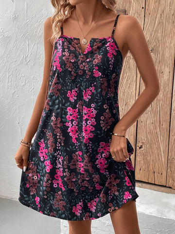 Romantic Floral Print Casual Notched Collar Basic Sundress With Spaghetti Straps For Women On Vacation