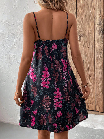 Romantic Floral Print Casual Notched Collar Basic Sundress With Spaghetti Straps For Women On Vacation
