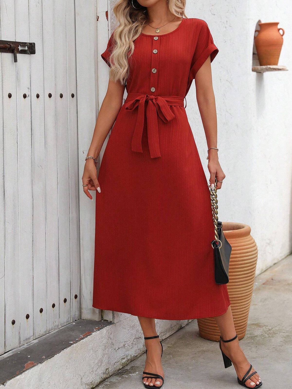 Round-Neck Short-Sleeve Buttoned-Front Self Tie And Zippered-Back Casual Dress
