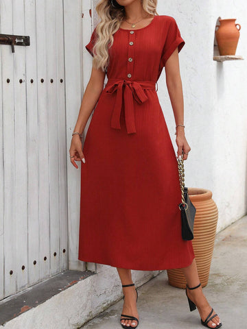 Round-Neck Short-Sleeve Buttoned-Front Self Tie And Zippered-Back Casual Dress
