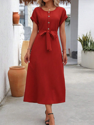 Round-Neck Short-Sleeve Buttoned-Front Self Tie And Zippered-Back Casual Dress