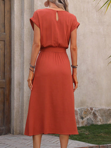 Round Neck Batwing Sleeve Belted Dress