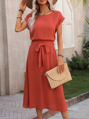 Round Neck Batwing Sleeve Belted Dress
