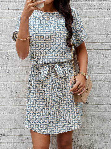 Round Neck Belted Short Sleeve Dress With All-Over Print, Summer